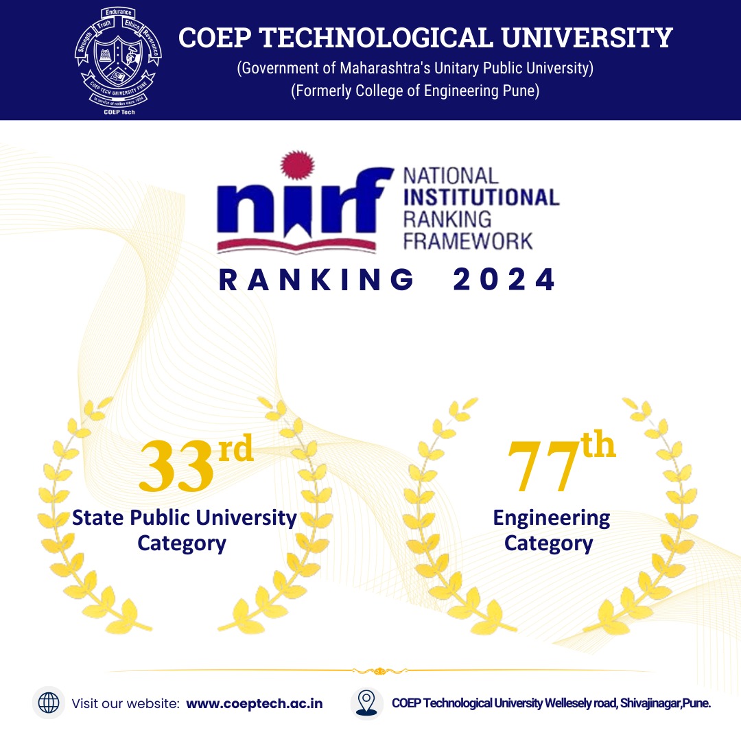 COEPTech's tweet photo. As per the result of the 9th edition of NIRF rankings 2024
COEP Tech has been ranked 33rd in the State University category and 77th in the Engineering category.
#NIRFranking2024 #NIRF2024 #COEPTech https://t.co/1z3kg8usFj