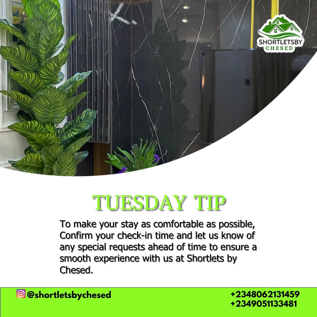 chesedshortlets's tweet image. To enjoy a hassle-free unforgettable experience, confirm your check in details, communicate any special request or need you might have. 
We are here to make sure you have an amazing stay.

#tuesdaytip #shortletsbychesed #chesedhomes #shortletslekki #weekendgetaway #explorepage