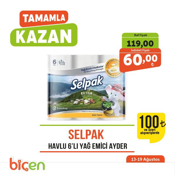 13-19 Ağustos Tarihleri Arasında 100₺ ve üzeri alışverişlerinizde Selpak Havlu 6’lı Yağ Emici Ayder 119₺ yerine 60₺🧡