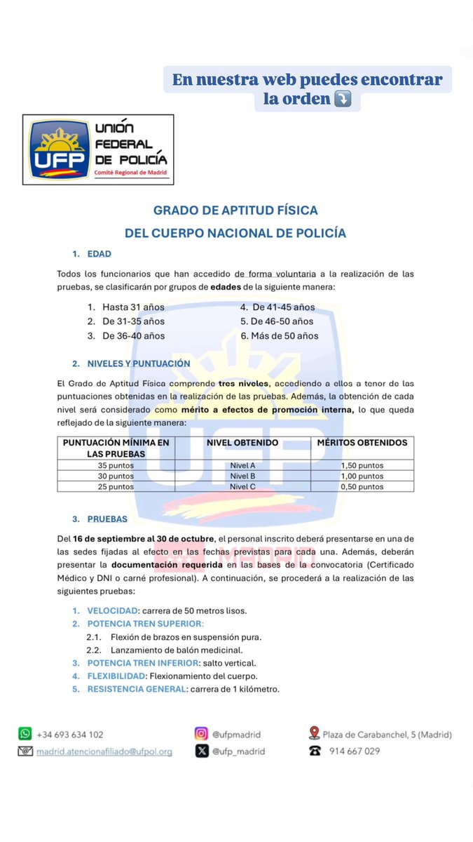 UFP_MADRID's tweet photo. 👮🏻‍♂️👮🏽‍♀️El ejercicio de nuestras funciones precisa determinadas 🏃🏽‍♀️🏋🏽‍♂️ aptitudes físicas inherentes a nuestra condición de policía.
Es por ello, que la División de Formación y Perfeccionamiento cada año convoca el Grado de Aptitud Física para todos los integrantes del cuerpo en activo. https://t.co/MM0ADtS8Lg