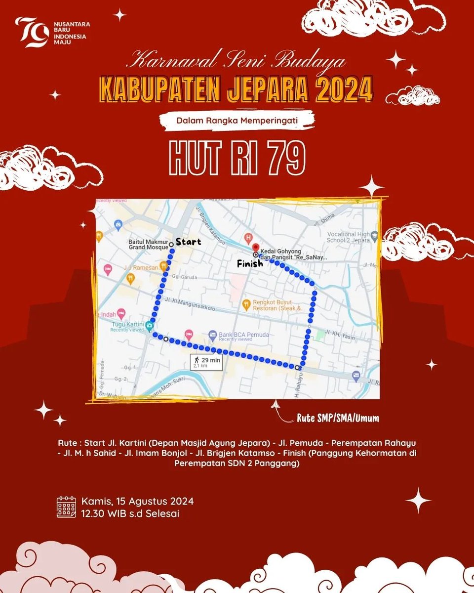 Ayo kangmas mbakyu, Hadir dan Saksikan Karnaval Seni Budaya dalam rangka HUT ke-79 Kemerdekaan Republik Indonesia Tahun 2024.

Kamis, 15 Agustus 2024
Pukul 07.00 WIB s.d Selesai

Panggung kehormatan depan KFC Jalan Pemuda Jepara.