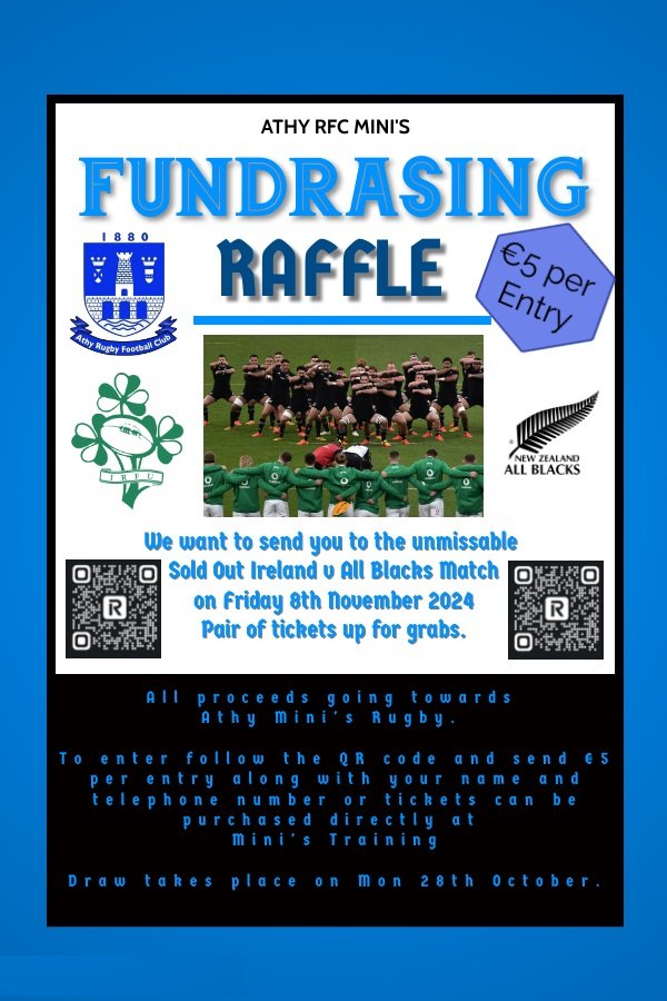 AthyRFC's tweet photo. Athy Minis are delighted to give you the chance to win a pair of tickets to Ireland v All Blacks. 

Tickets are €5 and can be bought by scanning the QR code and sending €5 per ticket together with your Name and number or at any Minis training.

#irlvnzl #allblacks #IrishRugby https://t.co/Tt2cai8oYW