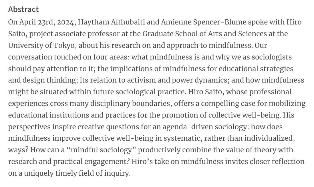 NSP editors Haytham Althubaiti and Amienne Spencer-Blume interview Dr Hiro Saito from the University of Tokyo. Read this fascinating conversation on the relationship between mindfulness and sociology, and check out more from our Spring 2024 issue!

📖 buff.ly/3LSkNTK