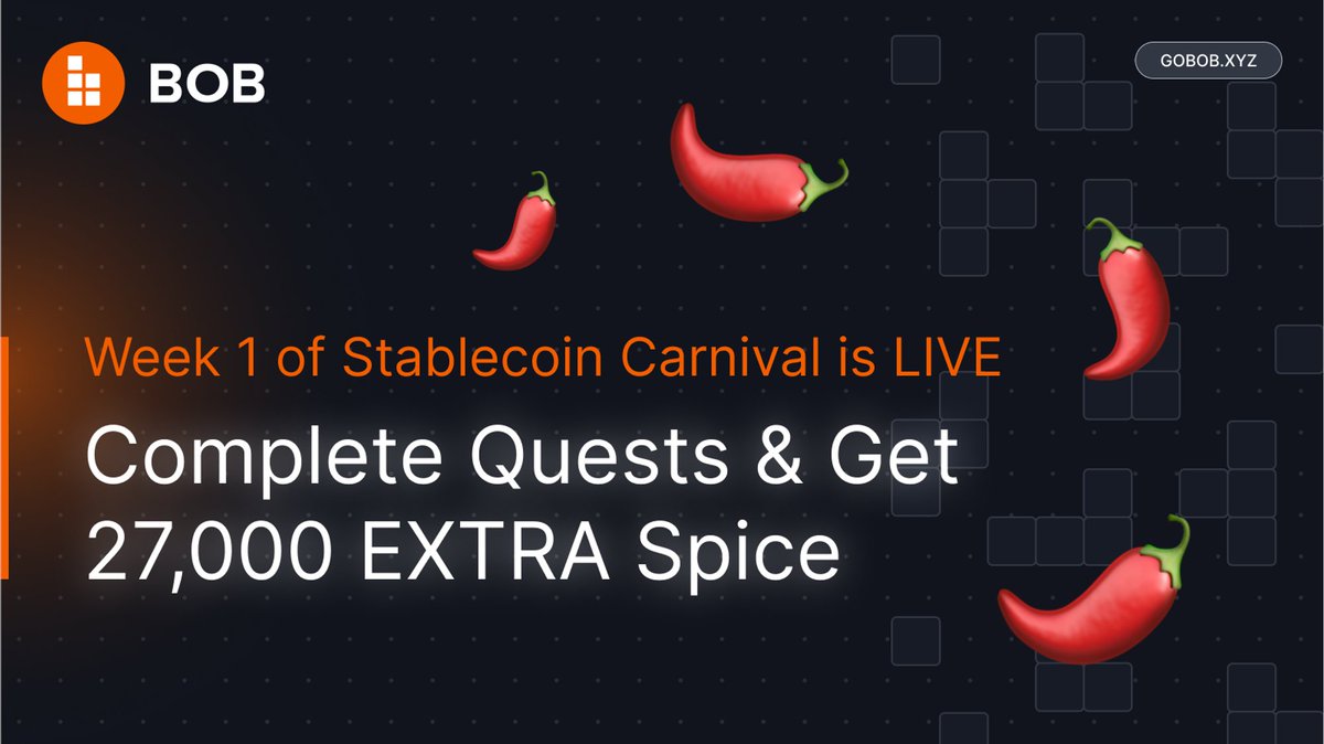 build_on_bob's tweet photo. Kicking off: Week 1 of @build_on_bob Stablecoin Carnival! 🎡

Bridge your stablecoins, complete quests, and stack EXTRA Spice.

↪️ https://t.co/RF250fjISq https://t.co/ttnc1p3rgh