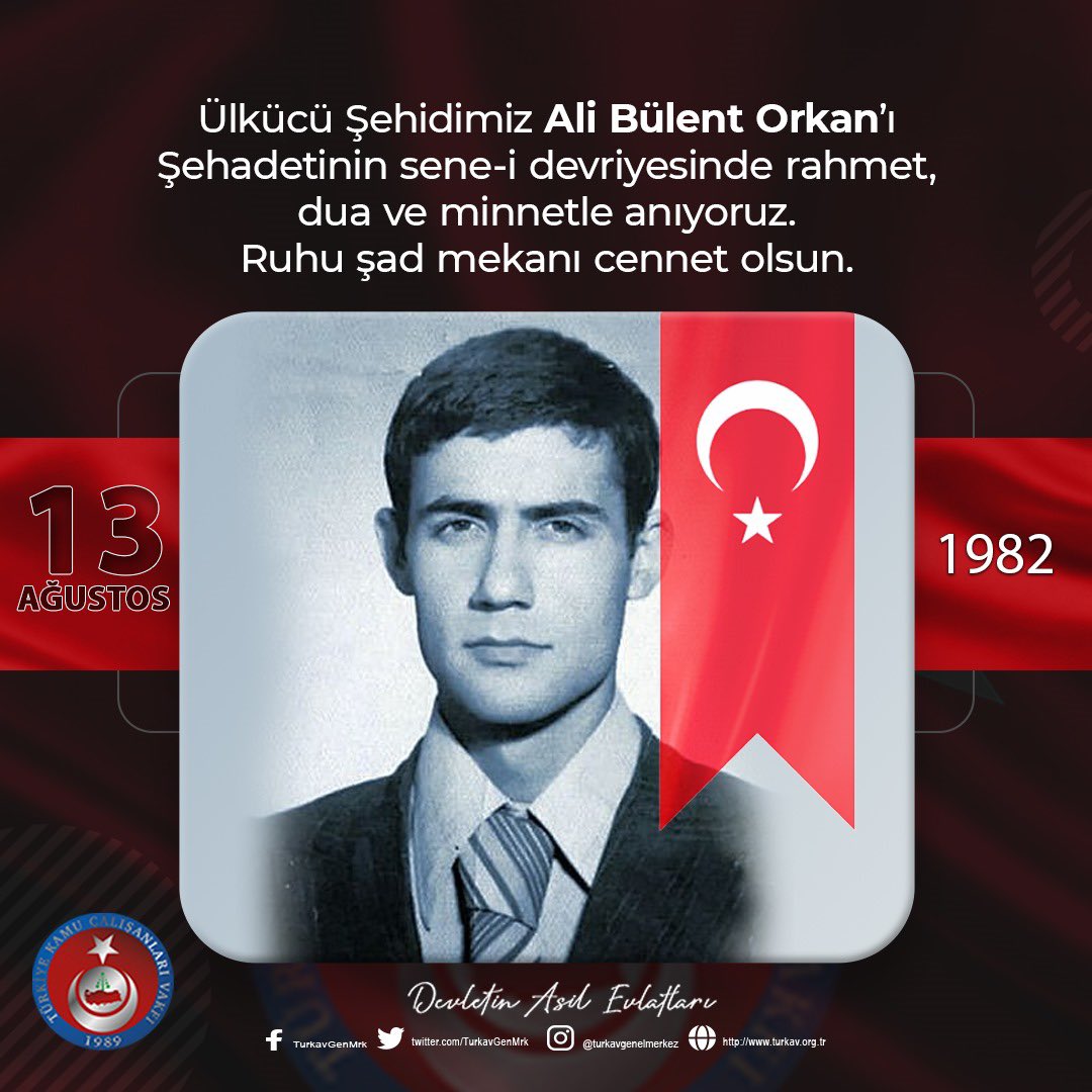 TurkavGenMrk's tweet photo. Ülkücü Şehidimiz Ali Bülent Orkan’ı Şehadetinin sene-i devriyesinde rahmet, dua ve minnetle anıyoruz.
Ruhu şad mekanı cennet olsun.

#DevletinAsilEvlatları 
#TÜRKAV https://t.co/CEgMf5Crpd