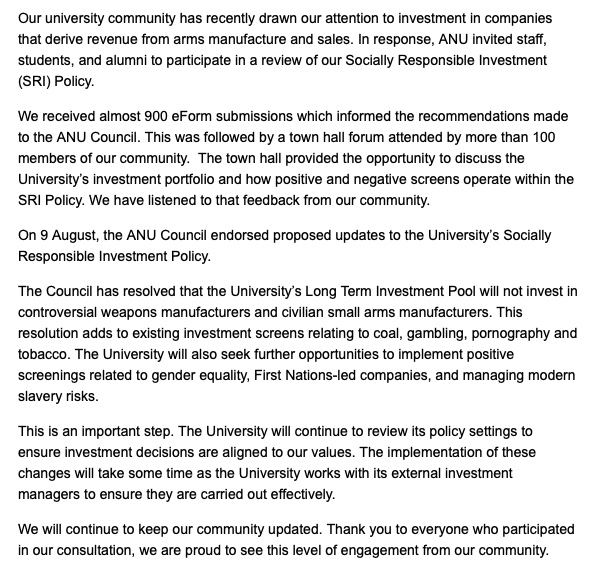 Great news! <a href="/ourANU/">ourANU</a> Council has resolved that the University’s Long Term Investment Pool will not invest in controversial weapons manufacturers and civilian small arms manufacturers. So proud of our students and their encampment for enacting real change!!!🇵🇸👊