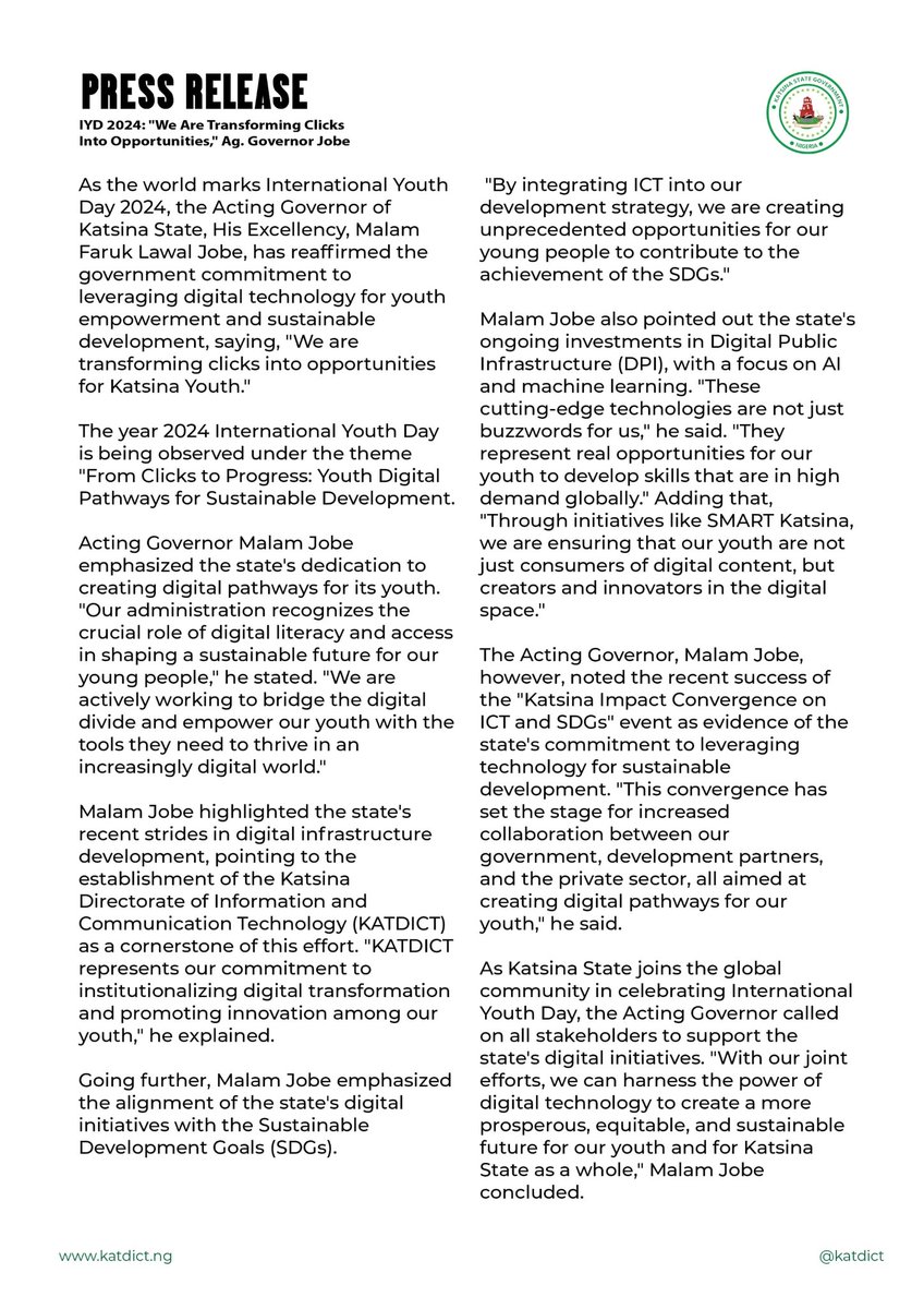 Sadeeq_sarakee's tweet photo. Press Release on International Youth Day 2024 by the Acting Governor of Katsina State, Hon. Faruk Lawal Jobe @faruklawaljobe 

For more information, visit https://t.co/6VF8XKH2St
#KATDICT365
#365DaysOfDigitalTransformation https://t.co/4YxCnKBPFx