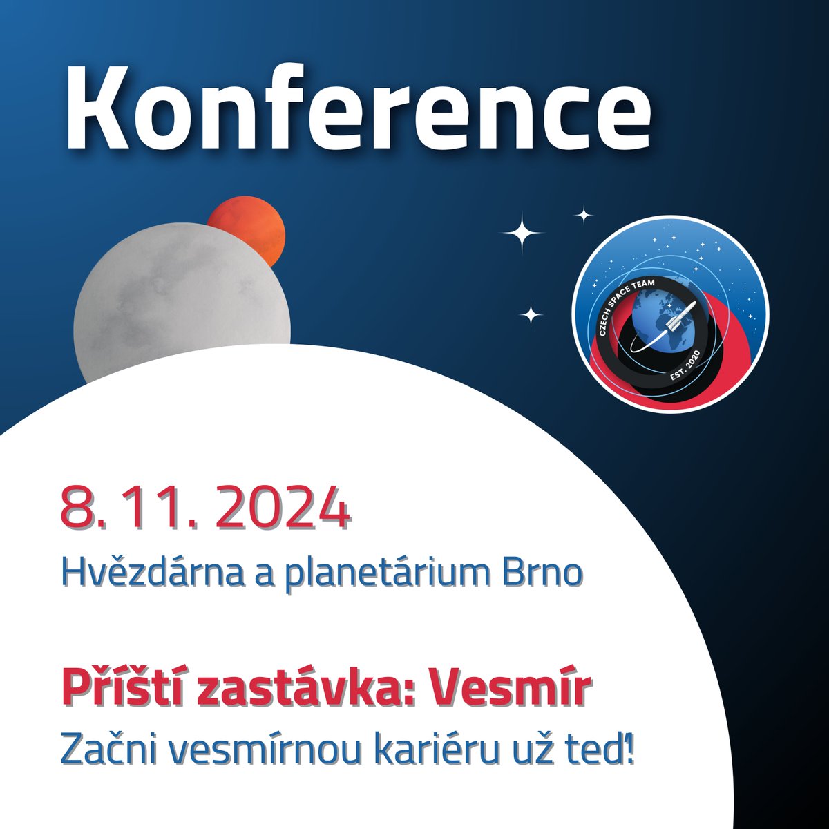 eserocz's tweet photo. Třetím ročníkem konference Příští zastávka: Vesmír nás bude provázet @KlingaSimon, člen středoškolského týmu LASAR @lasarcrew, který letos uspěl před porotci z NASA v americké Conrad Challenge se svým nápadem, jak na dálku opravit nefunkční družice.

Registrace: https://t.co/3qOhhSHCUh

Všechny záznamy z předchozích ročníků naleznete na YouTube Czech Space News: https://t.co/w6VHDJv2ur

@HvezdarnaBrno, @czechrockets, @planetum_cz, @kosmonautixcz, Elixír do škol, Česká asociace science center, @SpacePortal_CZ, @czechspaceeducz

#czechspace #pzv24 #eserocz #education #spacecareer #czechspaceweek