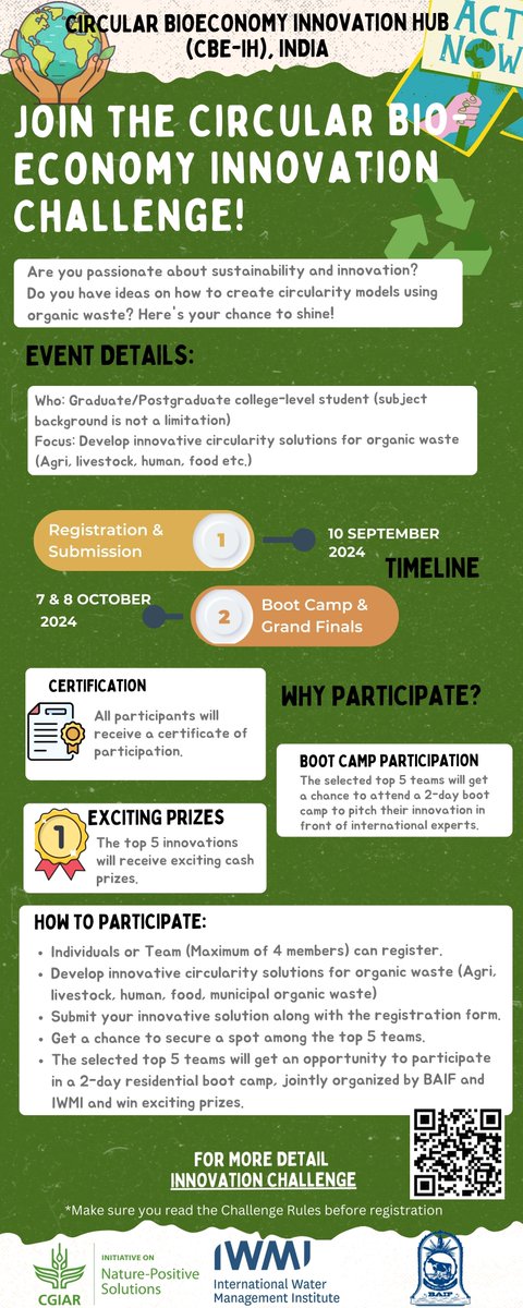 IWMI_'s tweet photo. 🚀 Calling all innovators! 🌍 Join the Circular Bioeconomy Innovation Challenge and showcase your sustainable ideas! Win exciting prizes! 🏆
Registration: Until 10 Sep 2024

Open to all college students  - females are strongly encouraged to apply!
More:  https://t.co/E6N0MGnBre https://t.co/8jmteRDwkv
