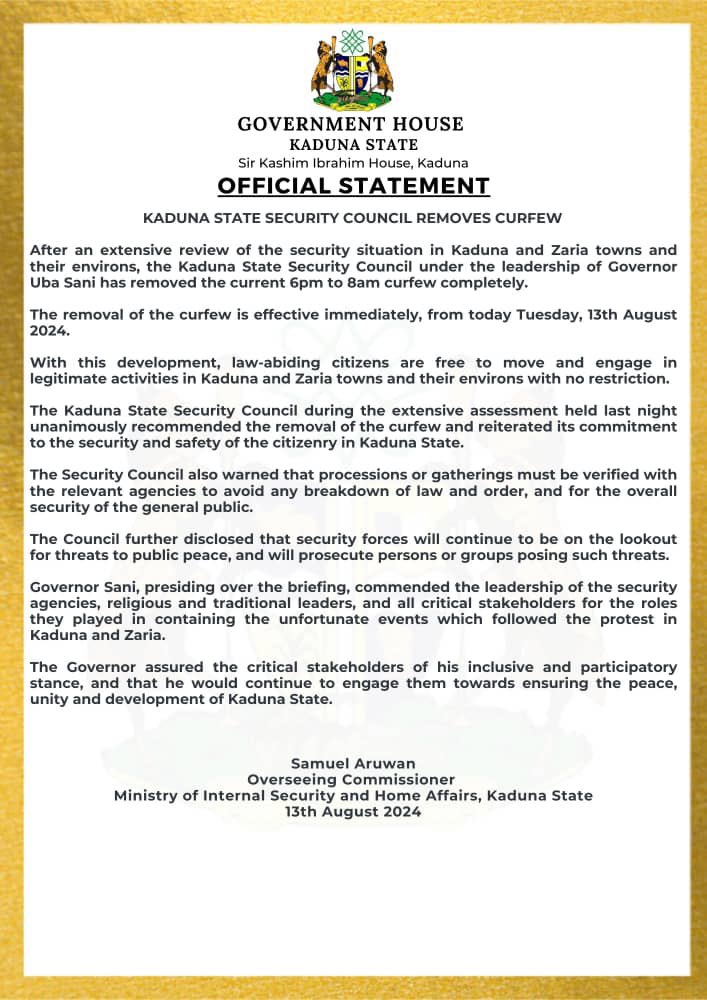GovKaduna's tweet photo. KADUNA STATE SECURITY COUNCIL REMOVES CURFEW

After an extensive review of the security situation in Kaduna and Zaria towns and their environs, the Kaduna State Security Council under the leadership of Governor Uba Sani has removed the current 6pm to 8am curfew completely. https://t.co/2g4j1Utv7q