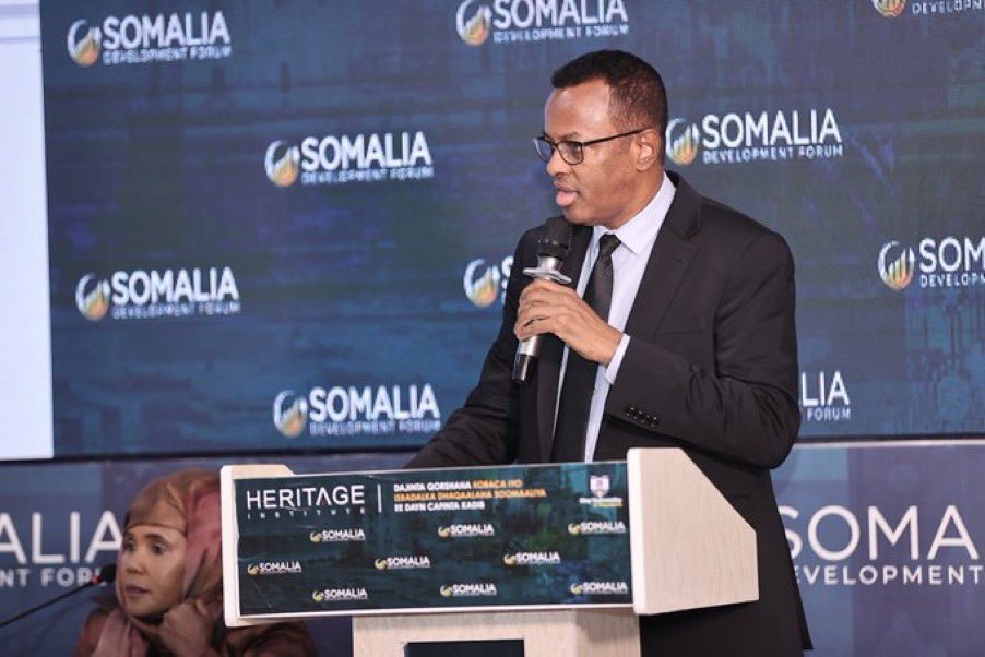 RadioMuqdisho's tweet photo. The Governor of the Central Bank of Somalia, @AbdirahmanM_A, delivered keynote remarks on reforming financial markets for Micro, Small, and Medium Enterprises (MSMEs) at the Annual Somalia Development Forum (#ASDF2024). https://t.co/Rui9thfjMG