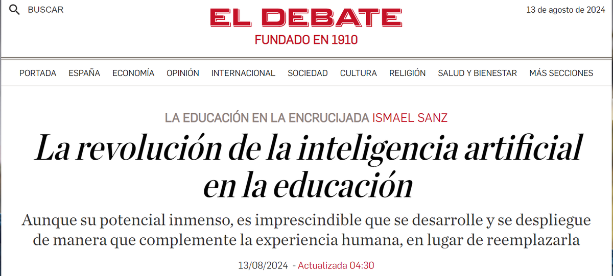 sanz_ismael's tweet photo. Los docentes son insustituibles. «Para aprovechar los beneficios de la IA sin caer en sus trampas, es necesario un enfoque equilibrado. La tecnología debe ser una herramienta al servicio de los docentes y los estudiantes, no un sustituto». @DiezMoneo  https://t.co/Omri4Pf6Td https://t.co/12KfrVuv4D