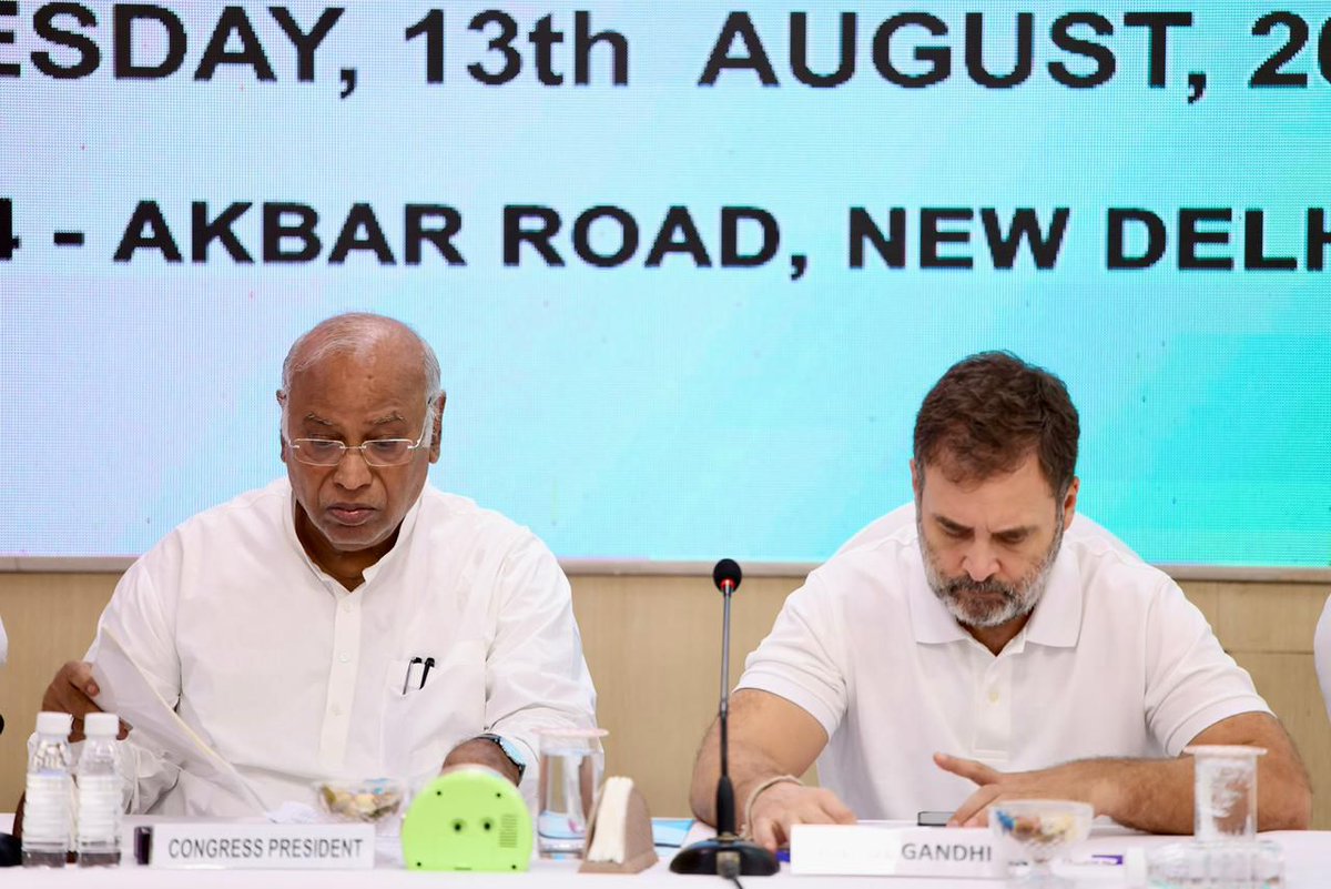kharge's tweet photo. We convened a meeting of AICC General Secretaries, In-charges and Pradesh Congress Committee Presidents to discuss Organisational matters and various issues of national importance for election preparedness. 

1⃣The shocking revelations of nexus between SEBI and Adani needs to a thorough investigation. The money of small investors in the stock market can’t be jeopardised. Modi Govt must immediately seek the resignation of SEBI chairperson and constitute a JPC in this regard. 

2⃣The pressing issues of unbridled unemployment and uncontrolled inflation and depletion of household savings are our focus. The poor and middle class have been betrayed.

3⃣The attack on the Constitution continues unabated. Caste census is the demand of the people. 

4⃣The Congress party would continue its fight in demanding legal guarantee of MSP for our farmers. 
The Agnipath Scheme imposed on our patriotic youth must be scrapped. 

5⃣Train derailments have become a norm, as crores of passengers suffer. Climate related disasters and collapsing infrastructure is also a cause of concern.

We would design a national campaign around these issues and go to the people.
