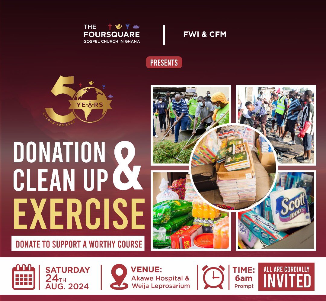 FoursquareGhana's tweet photo. The FWI and CFM invites all to their Donation and Cleanup Exercise.
Kindly donate your toiletries and food items to support this worthy course.
#Donation
#CleanupExercise
#wearefoursquareand50 https://t.co/yVYJPAByfa