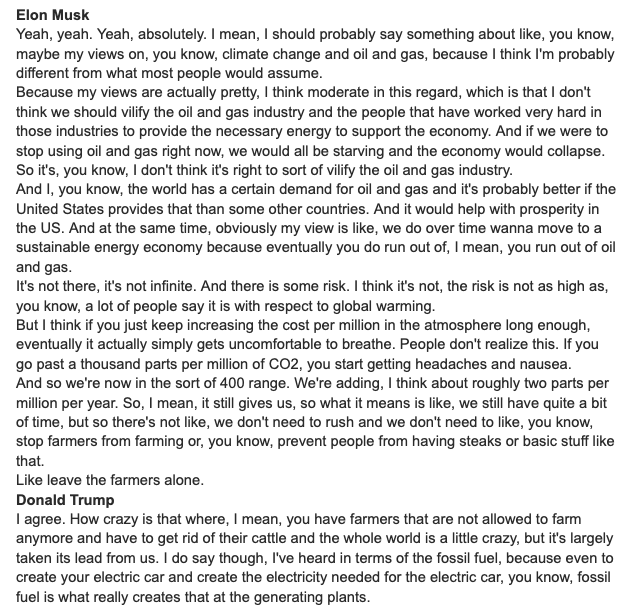 The section on climate change in the Musk/Trump "interview" is just *wild*

It really is worth reading in full to get a sense of the two men.

Just off-the-scale levels of ignorance, denial, misinformation and half-truths.

I've put the transcript here

docs.google.com/document/d/1OS…