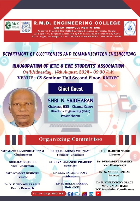 rmd_ece's tweet photo. We are glad and excited to announce the inauguration of our IETE &amp; ECE Students’ Association on 14th August, 2024 !!!

Together, we aim to create a vibrant and supportive community for all to embark on a journey of collaboration, innovation, and empowerment.

#StudentsAssociation https://t.co/YJiKMANF1i