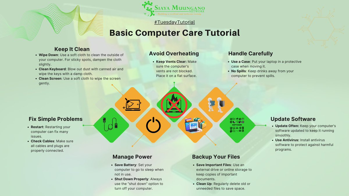 MuunganoCentre's tweet image. On this #TuesdayTutorial,we’re dropping some basic tips to keep your computer in top shape! From keeping it clean to managing power,it’s all about simple care for smooth performance.Check out our quick guide & keep your tech game strong! #SIMUNcares #IYD2024 #Youth4Sustainability