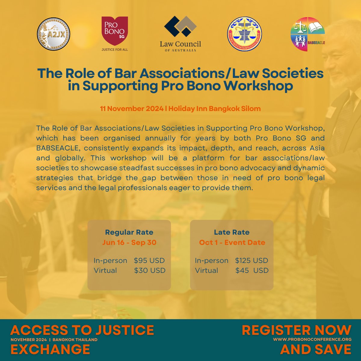 The Access to Justice Exchange will take place in Bangkok, Thailand, in November 2024 (10-12 and 15-17 Nov). 

Register now to discover how pro bono work and the promotion of justice can positively influence the lives of countless people. probonoconference.org

#probono #asia