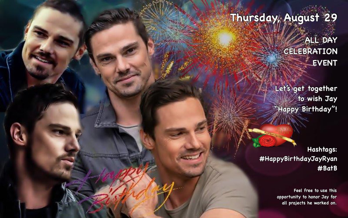 Save the date, there's a birthday coming up! 
Thursday, August 29
ALL DAY CELEBRATION EVENT
Please repost, spread the news and join. Let’s get together to wish this amazing actor #JayRyan a very deserved "Happy Birthday"! Details ⬇️ #BatBTeam2Gether #BatB