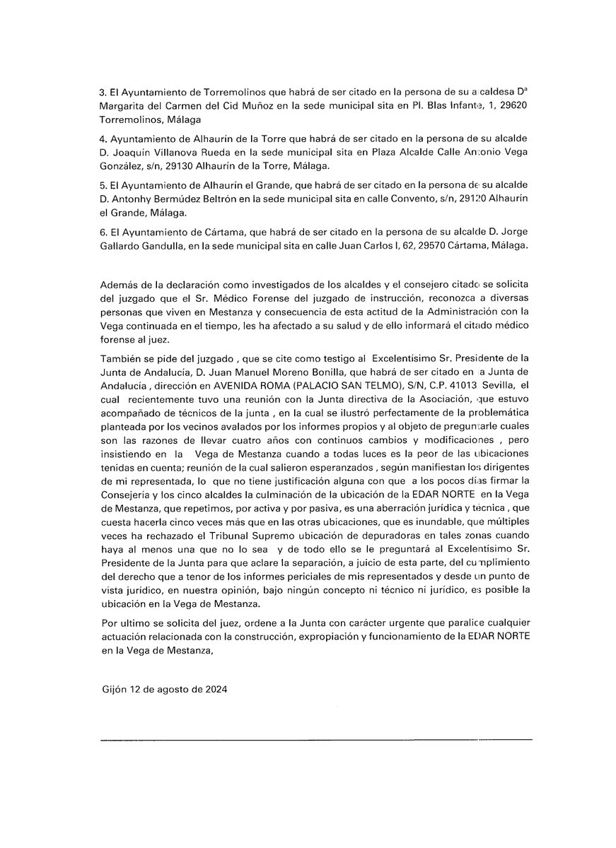 🚨COMUNICADO ABRAIRA ABOGADOS

Ampliación DENUNCIA PENAL: 

👉Petición citación a Alcaldes/as de Málaga, Torremolinos, Alhaurín de la Torre, Alhaurín el Grande, Cártama.

👉 Petición citación Presidente de <a href="/AndaluciaJunta/">Junta de Andalucía</a> <a href="/JuanMa_Moreno/">Juanma Moreno</a> como testigo

#VegaMestanza #Ecocidio