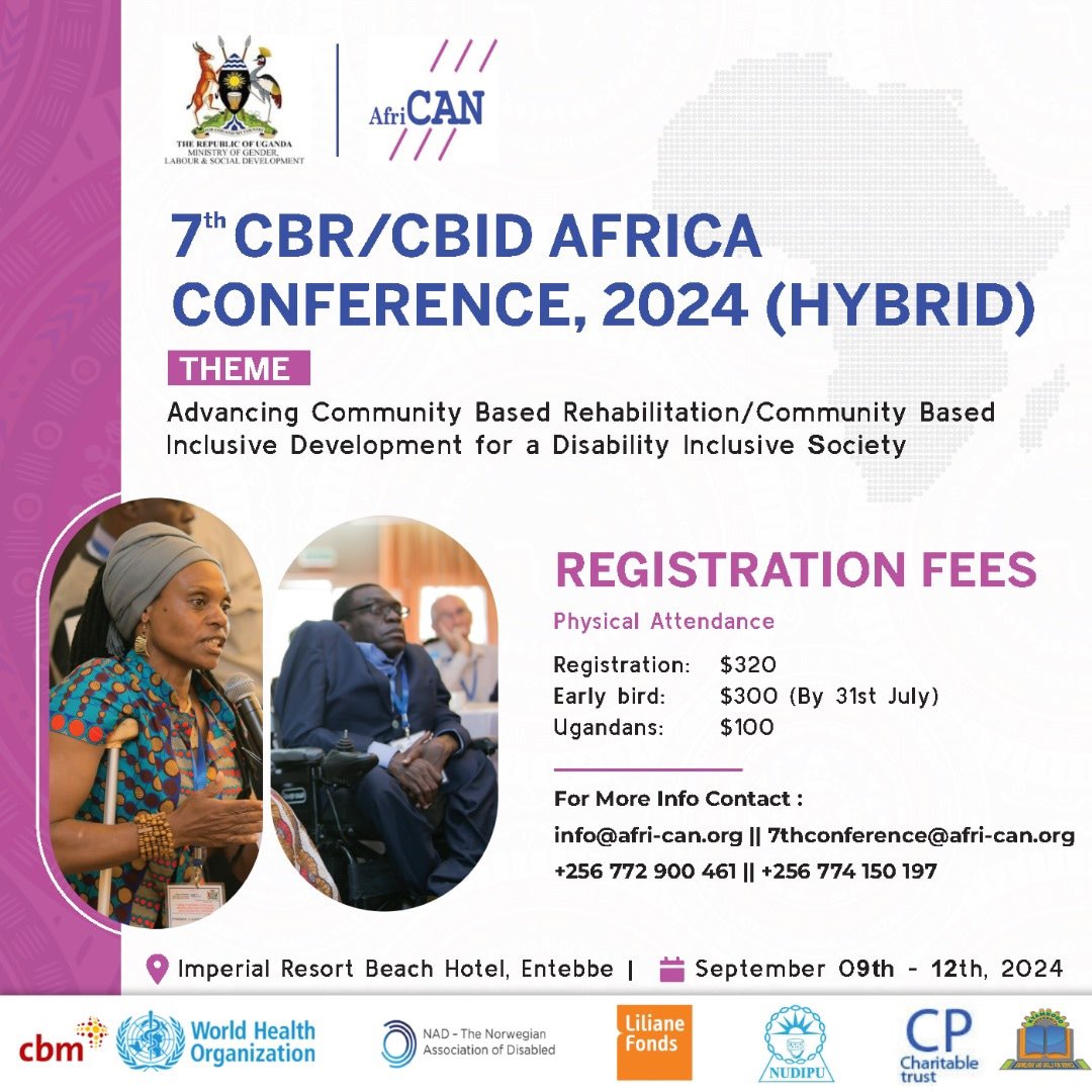 TourismBoardUg's tweet photo. The 7th Community Based Rehabilitation (CBR)/Community Based Inclusive Development (CBID) Africa Conference is coming to Entebbe, Uganda 🇺🇬, from September 9-12, 2024!

Join in and explore transformative approaches to building a disability-inclusive society. Don't miss it!

To participate, register here: https://t.co/uoAoqdJPiW

#7thCBRConference 
#CBRUganda2024
@Mglsd_UG