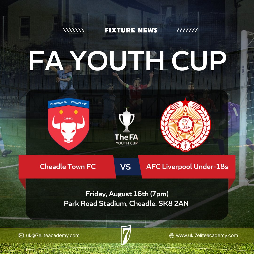 FA YOUTH CUP 🇬🇧🇺🇸🇹🇿 Our Under-18s need your support when they travel to face @cheadletownfc in the #FAYouthCup on Friday night 🏆

Good luck, everyone! 🙌

⏰ Friday, August 16th, 7pm
📍 Park Road Stadium (SK8 2AN)

#7EliteAcademyUK | #PlayerPathway | #LiverpoolGrassrootsFootball