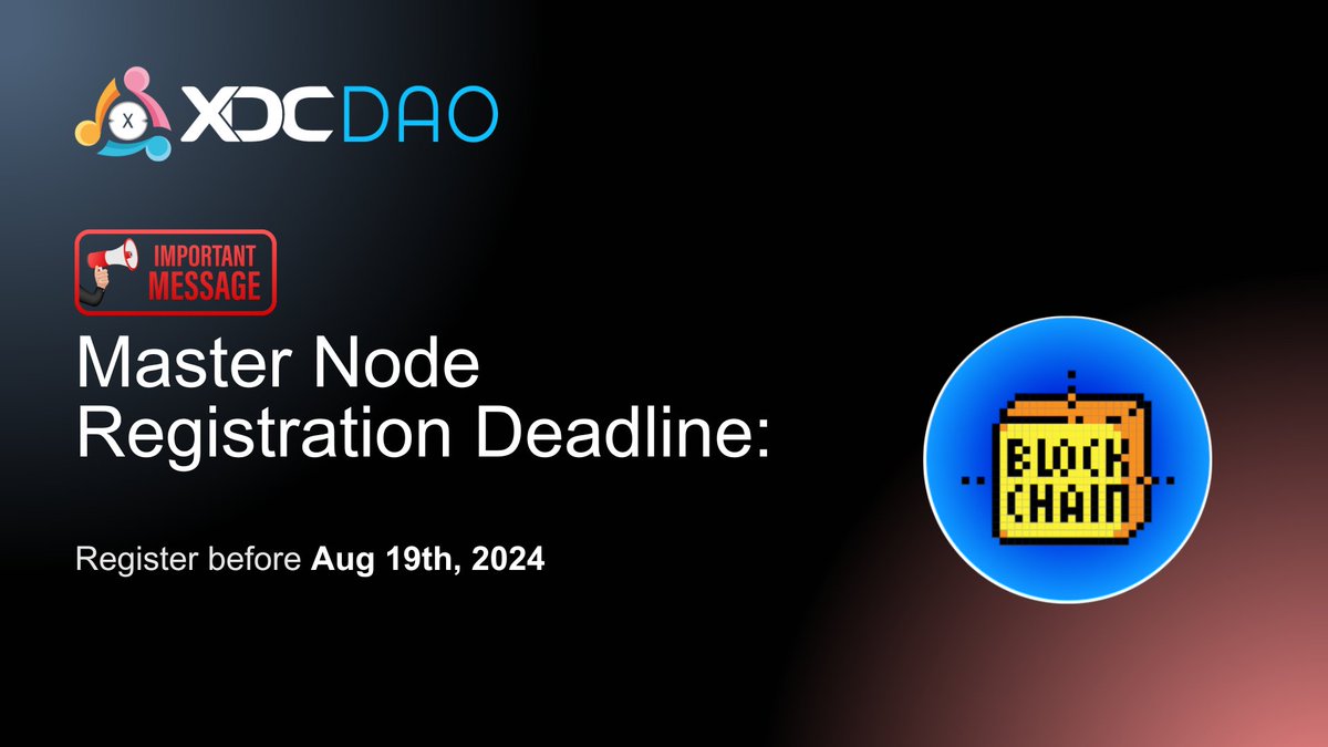🚨 Community Notice! 🚨
The deadline for masternode registration on #XDCDAO is approaching fast—make sure to register before August 19th!

🔗 Check the link below if you hold a master node or want to get involved: xdcdao.org/#/community/se…
Guide: xdc.dev/0xbeny/xdcdao-…
#XDCNetwork