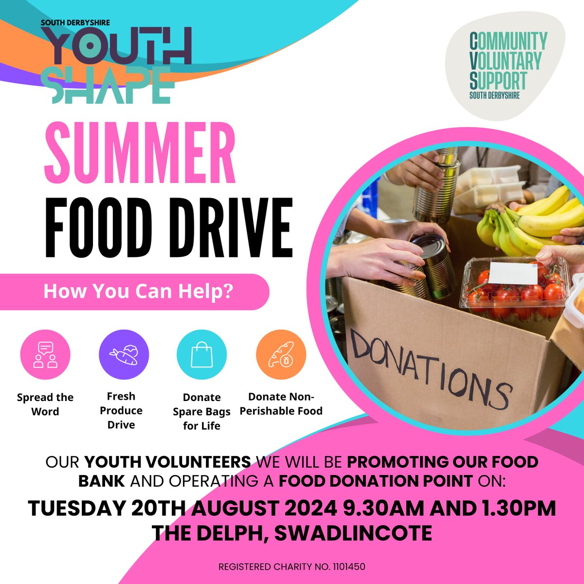 SDVolForce's tweet image. Our youth volunteers will have a market stall on Swadlincote Delph on Tuesday 20th August 2024 from 9.30AM to 1.30PM, running a summer food drive! Please pop along and make a donation or alternatively call 01283 219761 to find out more about our food bank service.