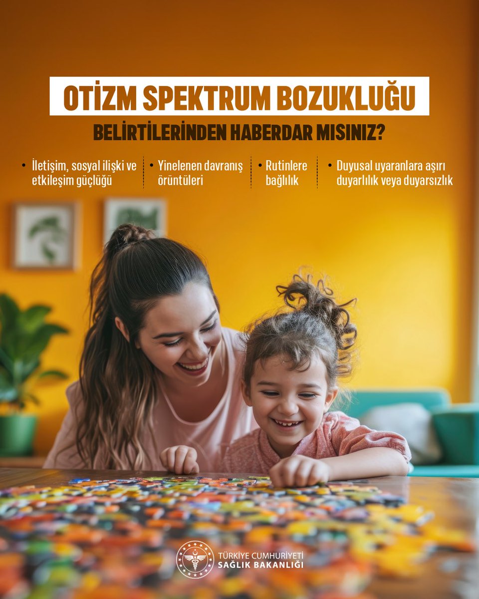 saglikbakanligi's tweet photo. Her çocukta farklı belirtilerin gözlemlenebildiği otizm spektrum bozukluğu,
- İletişim, sosyal ilişki ve etkileşim güçlüğü
- Yinelenen davranış örüntüleri 
- Rutinlere bağlılık
- Duyusal uyaranlara aşırı duyarlılık veya duyarsızlık ile kendini gösterebilir. 

Çocuğunuzun bu belirtileri gösterdiğini düşünüyorsanız Aile Sağlığı Merkezleri veya Sağlıklı Hayat Merkezlerine başvurabilirsiniz.