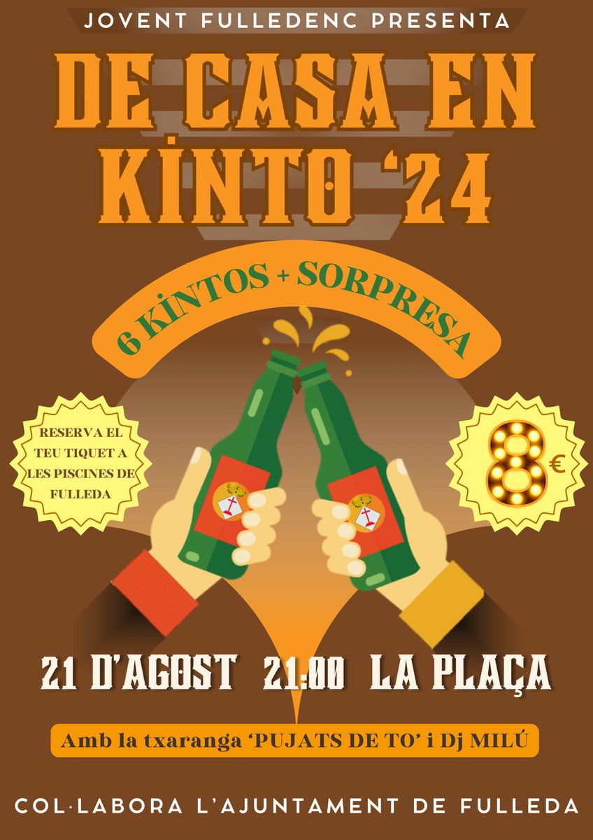 Fulledainfo's tweet photo. L'Associació Jovent Fulledenc organitza per al dimecres 21 d'agost una nova edició del "De Casa en Kinto", però abans, una nova edició de la Setmana Jove de Fulleda, que començarà demà amb un taller de tapes variades a La Sala #fulleda #estiu https://t.co/HczuUhH8Fb