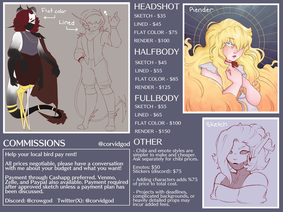 corvidgod's tweet photo. Finally updated my commission sheet, tryna pay for my wedding so anything helps :) https://t.co/eDs8LFGUAc