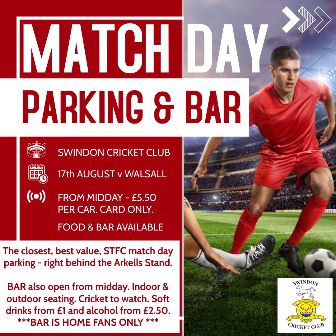 Another match day, the closest and best value match day parking. Great value home fans bar with outdoor seating. Come and join us pre match.

<a href="/STFCSupClub/">STFC Official Supporters Club</a> <a href="/SwindonTownFans/">Swindon Town Fans</a> <a href="/TrustSTFC/">TrustSTFC</a> <a href="/GWReds/">Great Western Reds</a> <a href="/T_STBL/">🚨THE SIR. TOM BROADBENT LOUNGE🚨</a>