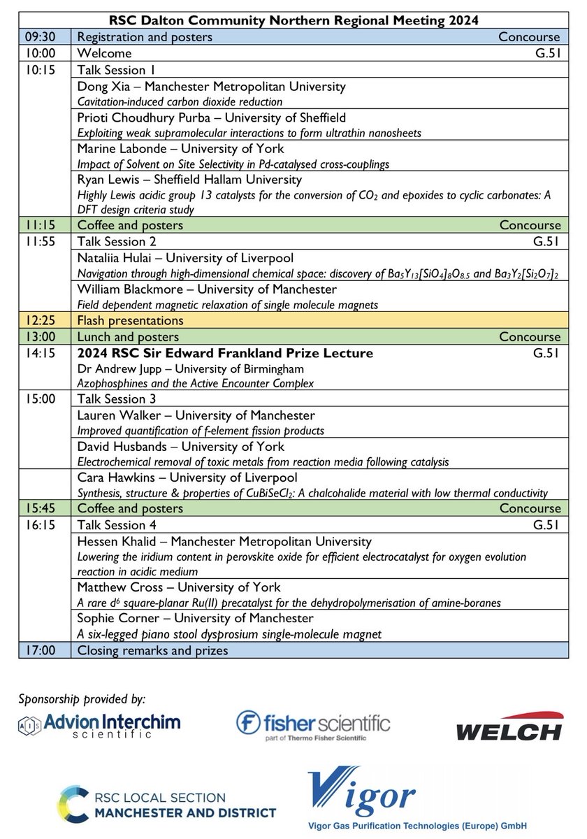 Dr Conrad Goodwin (@conradgoodwin) on Twitter photo Chemistry <a href="/OfficialUoM/">The University of Manchester</a> look forward to hosting the <a href="/RoySocChem/">Royal Society of Chemistry</a> Dalton Community Northern Regional Meeting 2024 tomorrow – 14/08.
We've got an excellent lineup of speakers, posters, and are hosting <a href="/JuppLab/">Jupp Lab</a> for the 2024 Edward Frankland Prize Lecture. Schedule below. Chemistry <a href="/OfficialUoM/">The University of Manchester</a> look forward to hosting the <a href="/RoySocChem/">Royal Society of Chemistry</a> Dalton Community Northern Regional Meeting 2024 tomorrow – 14/08.
We've got an excellent lineup of speakers, posters, and are hosting <a href="/JuppLab/">Jupp Lab</a> for the 2024 Edward Frankland Prize Lecture. Schedule below.