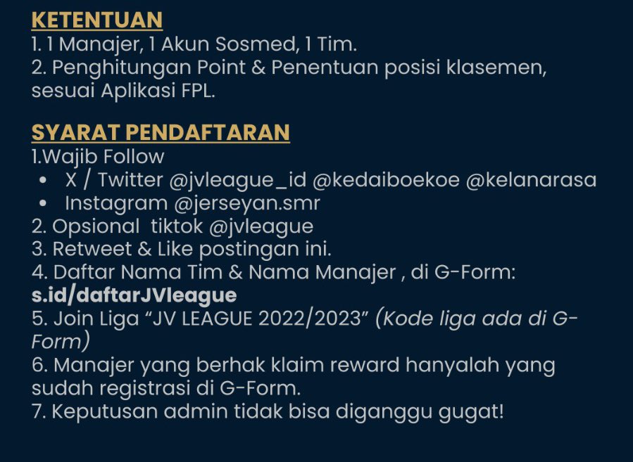 JV LEAGUE 🇮🇩 (@jvleague_id) on Twitter photo Proudly Present #JVLeagueFPL 2024/2025
Cek Syarat & ketentuan di Gambar!
Registrasi di : s.id/daftarJVleague
Deadline Registrasi: 31 Agustus 2024, 12.00 WIB
Don’t Miss It!
Mari diramaikan <a href="/pisangij01/">FPL Liga Pisangijo</a> <a href="/KoFPLI/">Komunitas FPL Indonesia</a> <a href="/iantambunan/">Bang Ian Tambunan</a> <a href="/mpitsky/">Annisaa Fitri Shabrina🍉🇵🇸</a> <a href="/kedaiboekoe/">Kedai 😸 Boekoe</a> <a href="/arieparikesit/">#KelanaRasa</a> <a href="/geegery/">Gege</a> Proudly Present #JVLeagueFPL 2024/2025
Cek Syarat & ketentuan di Gambar!
Registrasi di : s.id/daftarJVleague
Deadline Registrasi: 31 Agustus 2024, 12.00 WIB
Don’t Miss It!
Mari diramaikan <a href="/pisangij01/">FPL Liga Pisangijo</a> <a href="/KoFPLI/">Komunitas FPL Indonesia</a> <a href="/iantambunan/">Bang Ian Tambunan</a> <a href="/mpitsky/">Annisaa Fitri Shabrina🍉🇵🇸</a> <a href="/kedaiboekoe/">Kedai 😸 Boekoe</a> <a href="/arieparikesit/">#KelanaRasa</a> <a href="/geegery/">Gege</a>