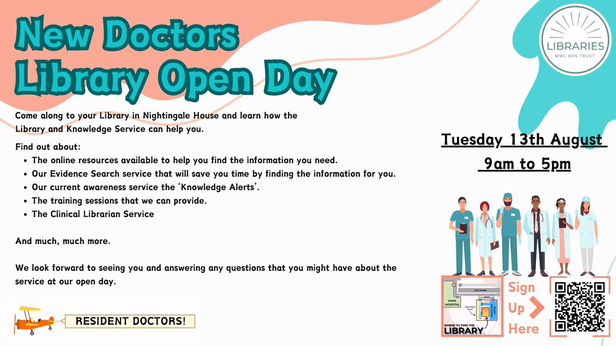 MWLNHSLib_STHK's tweet photo. Welcome to our new #ResidentDoctors!

Join us in the Library TODAY for our #LibraryOpenDay!

All are welcome, come see how the Library can support you!  

#MWLResidents #HealthLibrary #NHS #TeamMWL https://t.co/TOTw7S4tIO