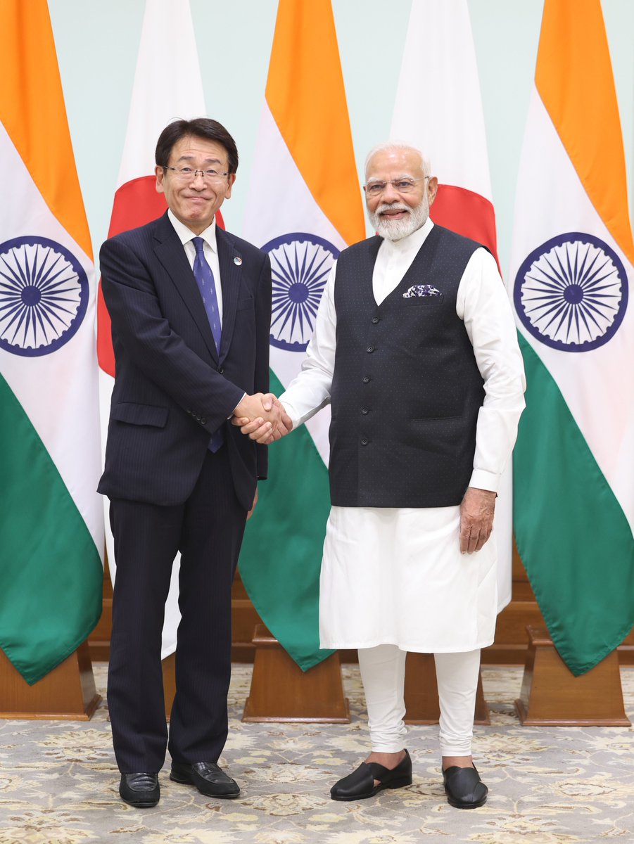 nec_india's tweet photo. Mr. Fukushiro Nukaga, a member of the House of Representatives of Japan, recently met with Prime Minister Shri Narendra Modi , accompanied by a delegation of Japanese business leaders. 

@narendramodi

#NECPoweringIndia #70YearsofPoweringIndia #IndiaJapanRelationship #IndiaJapan https://t.co/4pZZQ5fDI5