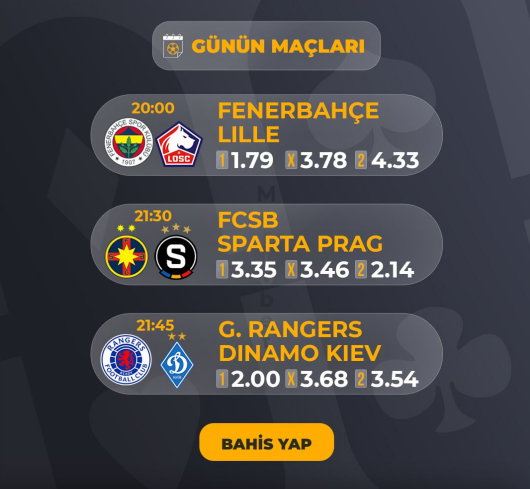 Günün maçları en yüksek oran ile #Mariobet'te ;

Temsilcimiz #Fenerbahçe'ye Lille karşısında başarılar diliyoruz. Sitemiz üzerindeki TV uygulaması ile karşılaşmayı canlı olarak takip edebilir, bahis oyunlarına kolayca erişim sağlayabilirsiniz.