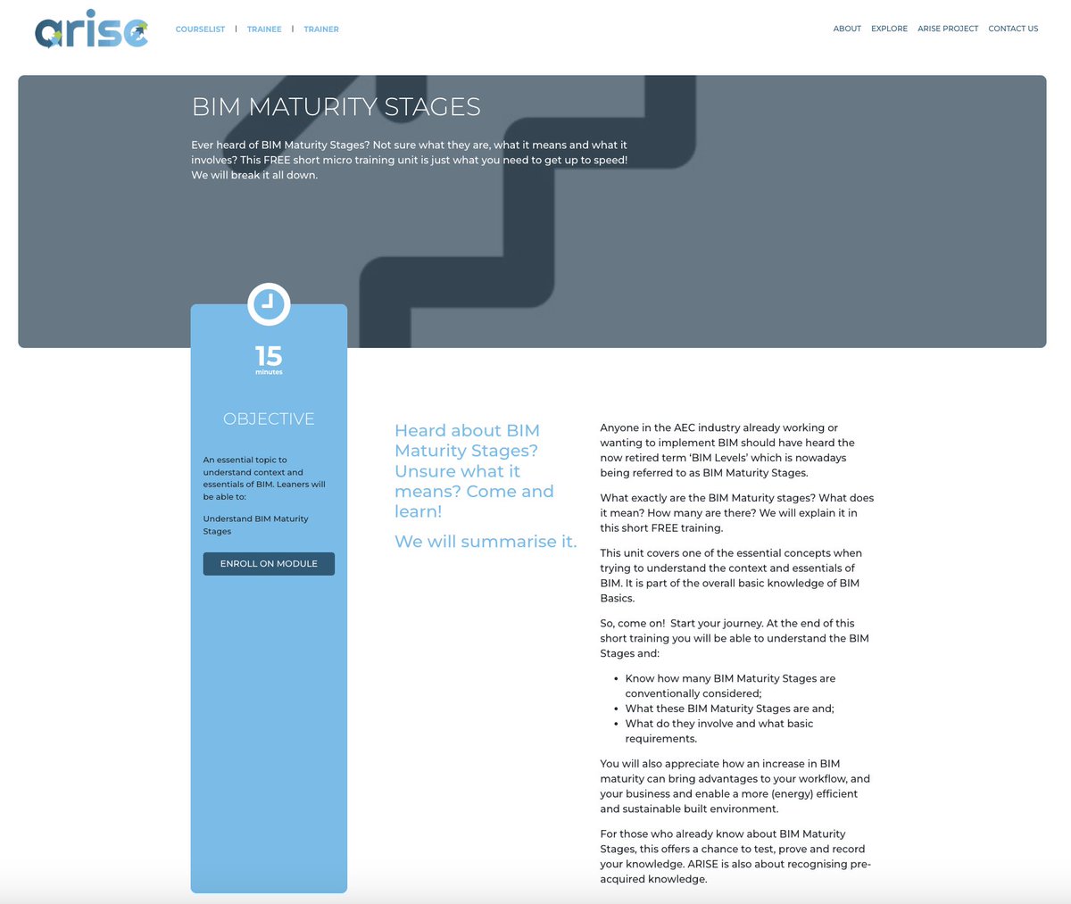 ARISE e-learning platform Free Summer Training!🏆 

This week's topic of training is BIM Maturity stages
➡ shorturl.at/kLC8E

Start now, will take only 15 mins! 

Register &amp; enrol on upskilling training on #BIM &amp; #energyefficiency at ARISE💎
➡shorturl.at/lrlwy