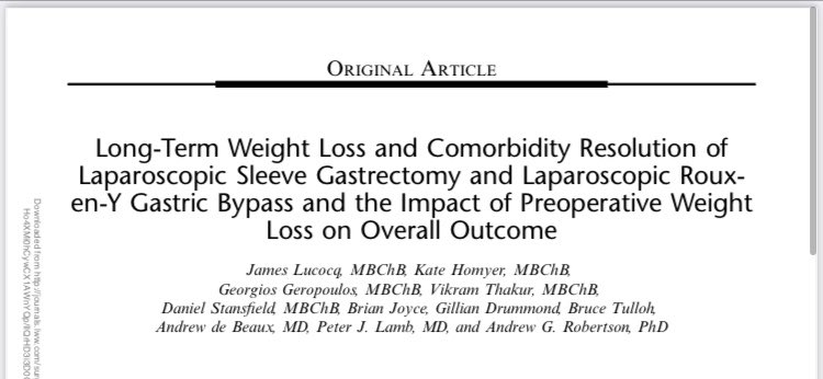 Andrew Robertson (@robertson__a) on Twitter photo Please to share our latest paper comparing longterm outcomes of gastric bypass and sleeve gastrectomy <a href="/jameslucocq/">James Lucocq</a> <a href="/BariatricBrian/">BariatricBrian</a> <a href="/gilliandRD/">Gillian Drummond RD</a> <a href="/br_tulloh/">Bruce Tulloh</a> <a href="/acdebeaux/">Andrew de Beaux</a> <a href="/GeorgiosGeropo1/">Georgios Geropoulos</a> <a href="/SLEPTonline/">SLEPT Journal</a>
journals.lww.com/surgical-lapar… Please to share our latest paper comparing longterm outcomes of gastric bypass and sleeve gastrectomy <a href="/jameslucocq/">James Lucocq</a> <a href="/BariatricBrian/">BariatricBrian</a> <a href="/gilliandRD/">Gillian Drummond RD</a> <a href="/br_tulloh/">Bruce Tulloh</a> <a href="/acdebeaux/">Andrew de Beaux</a> <a href="/GeorgiosGeropo1/">Georgios Geropoulos</a> <a href="/SLEPTonline/">SLEPT Journal</a>
journals.lww.com/surgical-lapar…