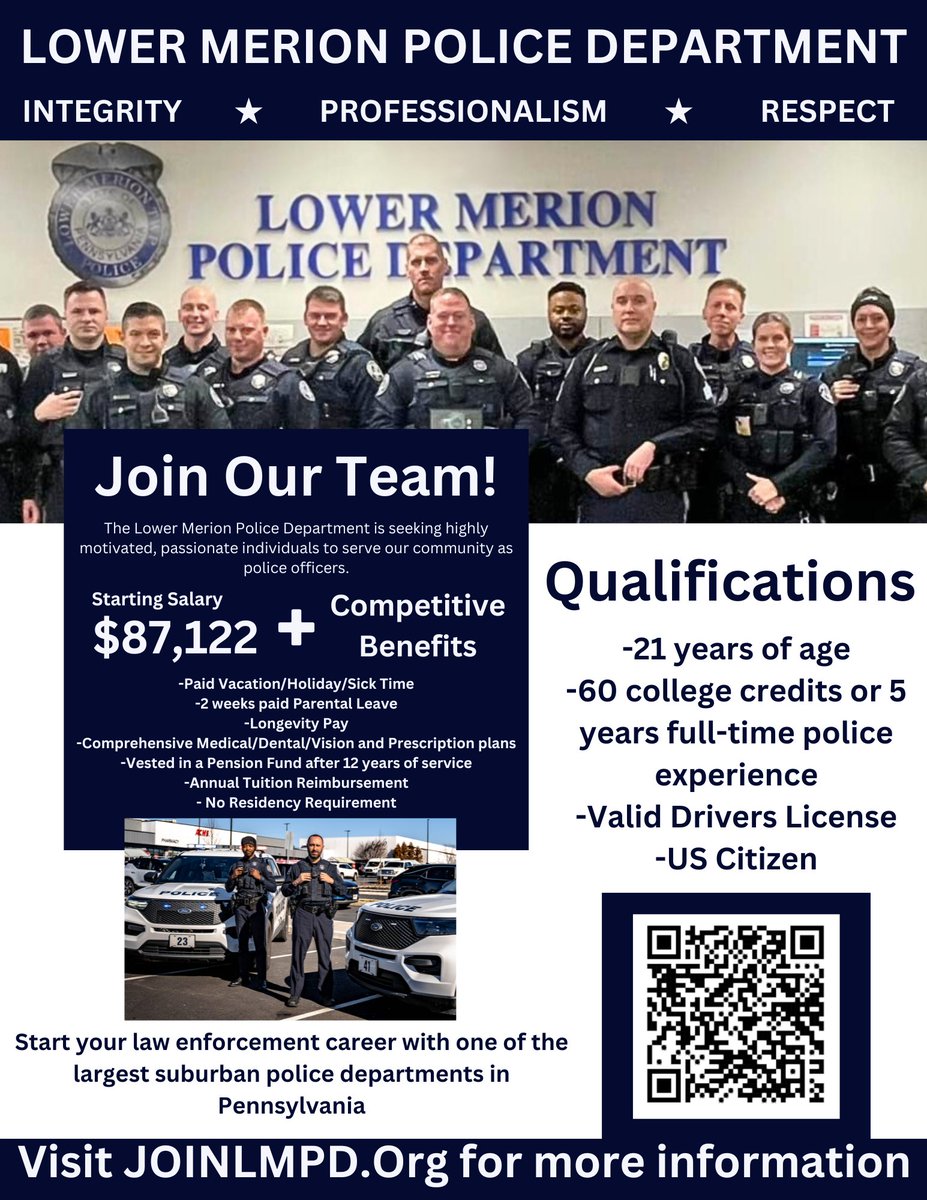 lowermerionpol1's tweet image. The Lower Merion Police Department is now accepting applications for the position of Probationary Police Officer.  The application deadline is 11/8/24, 12:00 p.m.   The written and agility test will be conducted the weekend of 11/16-11/17/2024.