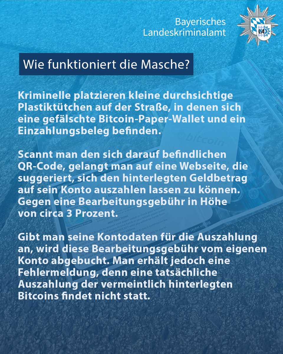 ⚠️Vorsicht! ⚠️Aktuell kommt es vor allem in Stadt und Landkreis München  vermehrt zu einer neuen Form des #Betrugs mit vermeintlichen Bitcoin-Paper-Wallets.  Alle Infos findet ihr im Beitrag und in unserer Pressemeldung:  https://t.co/MDE7QFKIyR @