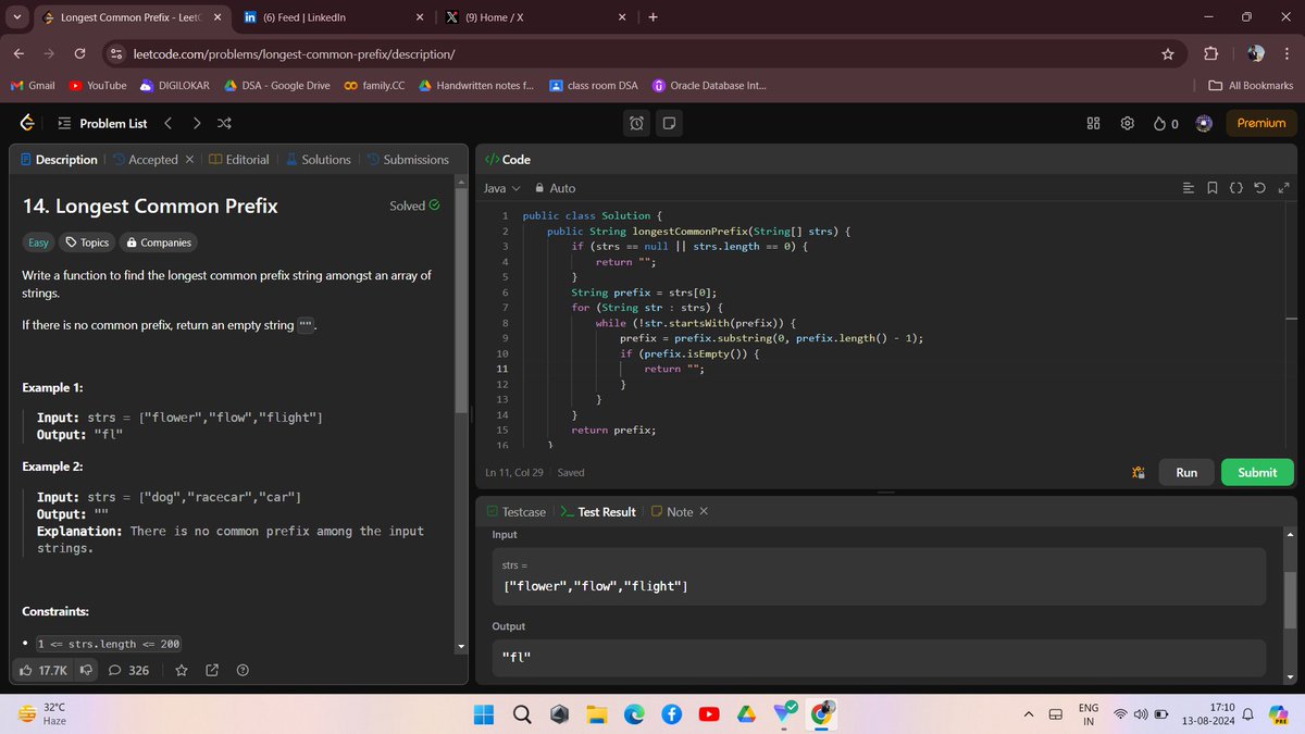 AmitVaghela777's tweet photo. "Day 30 of 100! Crushed LeetCode's Longest Common Prefix problem Optimized my code and learned a ton! Shoutout to @edslash for the motivation #LeetCode #DSA #CodingChallenge #Edslash https://t.co/wTvcTttJtX