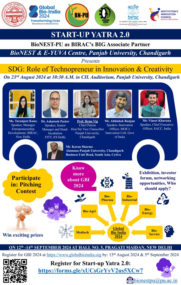 BionestPu's tweet photo. Road Show: START-UP YATRA 2.0
Theme: "SDG: Role of Technopreneur in Innovation &amp; Creativity"
Date: 23rd August 2024 
Time: 10:30 A.M. 
Venue: CIL Auditorium, Panjab University, Chandigarh
Register at: https://t.co/6OR4okHJc3 https://t.co/WC8GHOe5M4