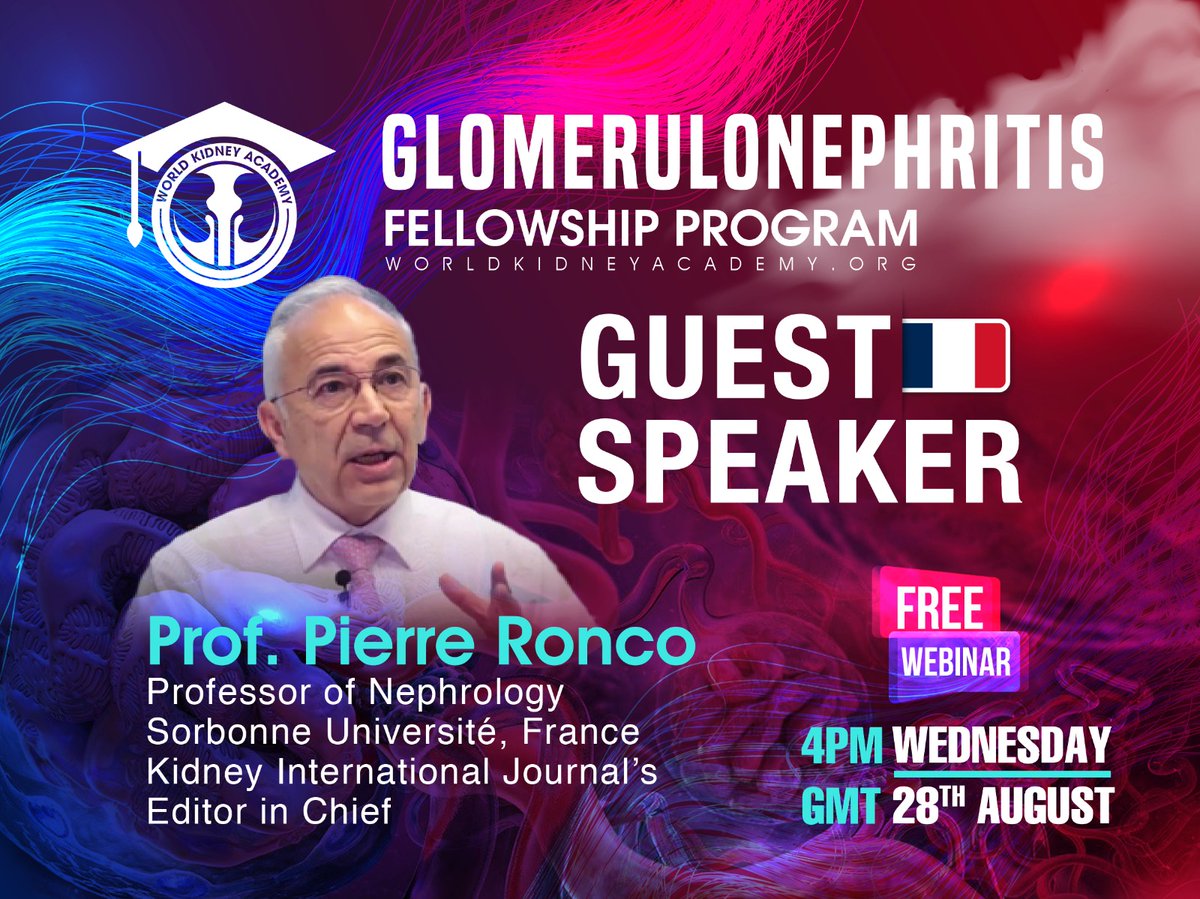 All Nephrologists shouldn't miss this chance to attend this great international GN Free Webinar on Wednesday August 28th at 4 PM GMT.
Guest speaker: Professor/ Pierre Ronco.
Kidney International journal Chief Editor.
Here is the Zoom Meeting Link. icom.zoom.us/j/89322450790