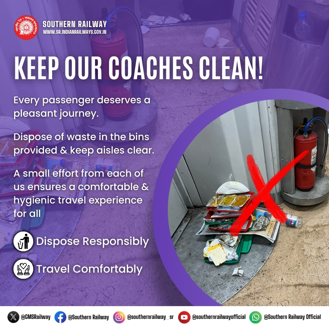 GMSRailway's tweet image. Always use the bins for your waste and keep the aisles clear. Your small effort can ensure a clean, comfortable, and hygienic travel experience for all.   

Let's make train journeys pleasant for everyone!   

#SouthernRailway #CleanTrains #TravelResponsibly #CleanIndia