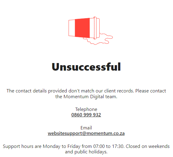 ClintGambit's tweet photo. @Momentum_za any chance your IT department can answer their phones? or are they all on lunch break? https://t.co/M5PYq6iHij