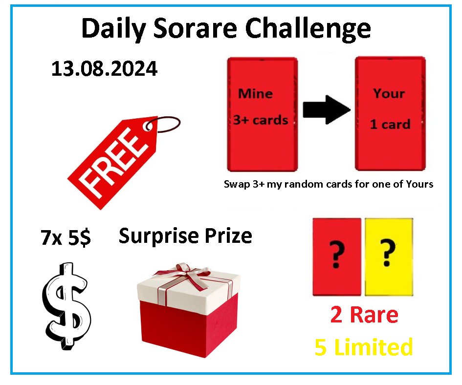 PawelTrader_'s tweet image. Daily @Sorare Challenge Starts Now 13.08.2024 😎

1⃣2 Rare and 5 Limited random Cards for 7 people who make at least one transaction with me within 24 hours 🔝
2⃣ Swap 3+ my random cards for one of Yours champion card for 109% value
3⃣🆓7 x 5 USD and Surprise Prize for 8 random…