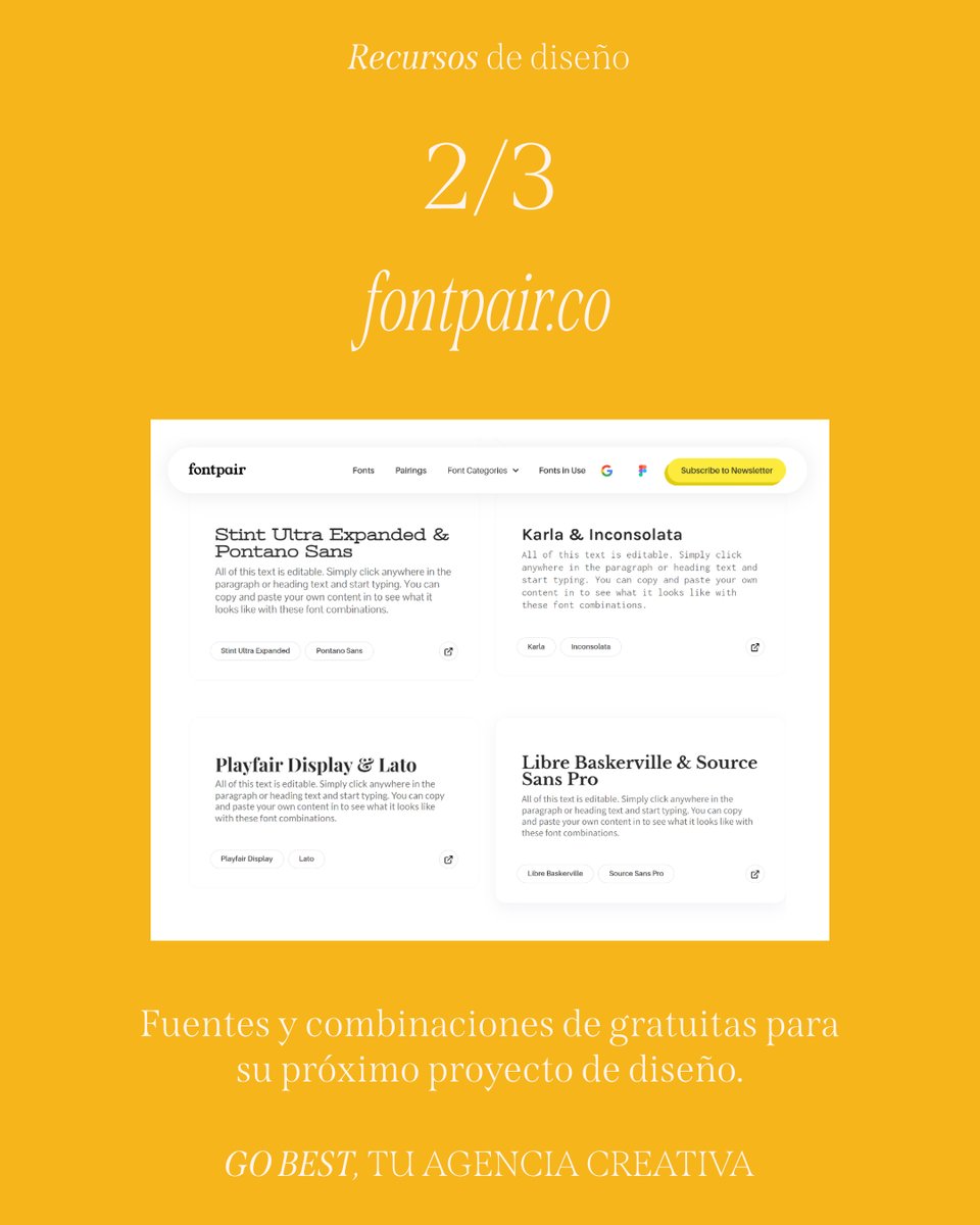 Go_Best_'s tweet photo. 🔴 Recursos de diseño | Sitios web donde encontrar fuentes gratuitas y sus combinaciones 

 Encuentra fuentes gratuitas y combinaciones en sitios web especializados. Consulta las recomendaciones en esta publicación. https://t.co/LMV2oyNa0u