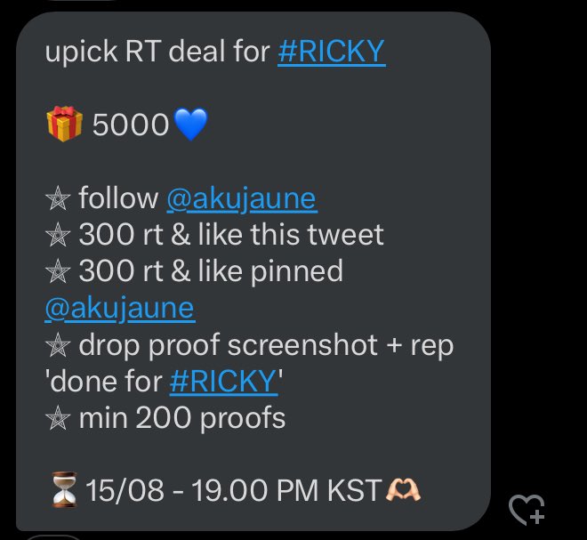 riyangis/zeroses ‼️

upick RT deal for #RICKY 

🎁 5000💙

⚝ follow <a href="/akujaune/">JUNÉ - SELL VOTE UPICK ICHAMP</a> 
⚝ 300 rt &amp; like this tweet
⚝ 300 rt &amp; like pinned <a href="/akujaune/">JUNÉ - SELL VOTE UPICK ICHAMP</a>
⚝ drop proof screenshot + rep 
'done for #RICKY'
⚝ min 200 proofs

⏳️15/08 - 19.00 PM KST