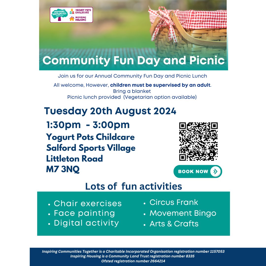 Annual Community Fun Day &amp; Picnic!

 Date: Tues, 20th Aug 2024
 Time: 1:30pm - 3:00pm
 Location: Yogurt Pots Childcare, Salford Sports Village

🔗 Book now: ow.ly/JHgW50SUKv7
#CommunityFunDay #FamilyEvent
